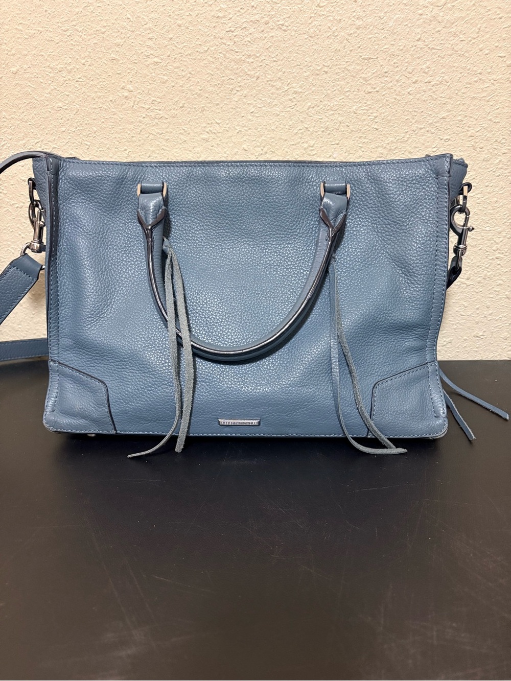 Rebecca Minkoff Regan Satchel in a blue suede or textured leather